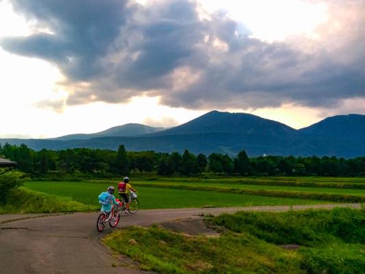 小学生と田んぼの風景